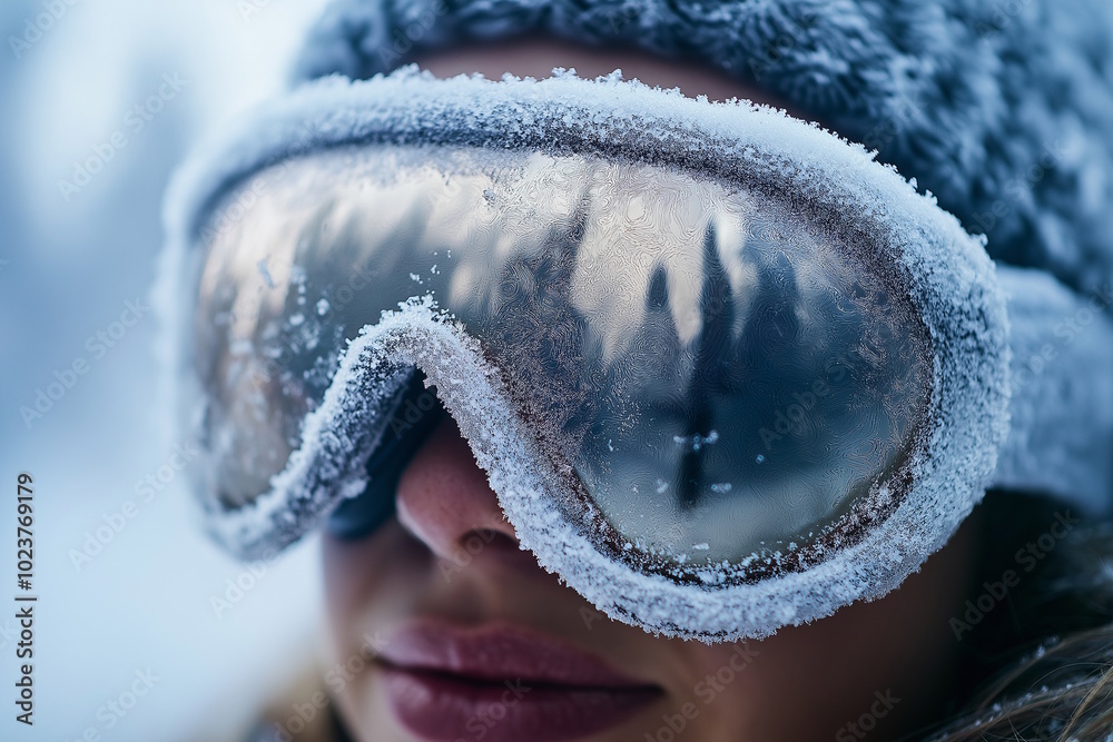 Obraz premium Close-up of frosty ski goggles with a snowy reflection of trees, showing the cold winter atmosphere. Concept for winter sports, outdoor adventure, and cold weather