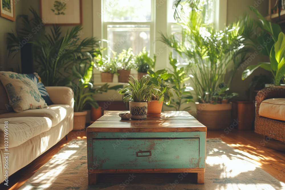 Bright and serene living room filled with lush greenery in the afternoon sun Bright and serene living room filled with lush greenery in the afternoon sun