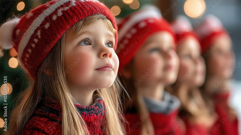 Fototapeta premium Young children wearing Christmas hats enjoying holiday festivities