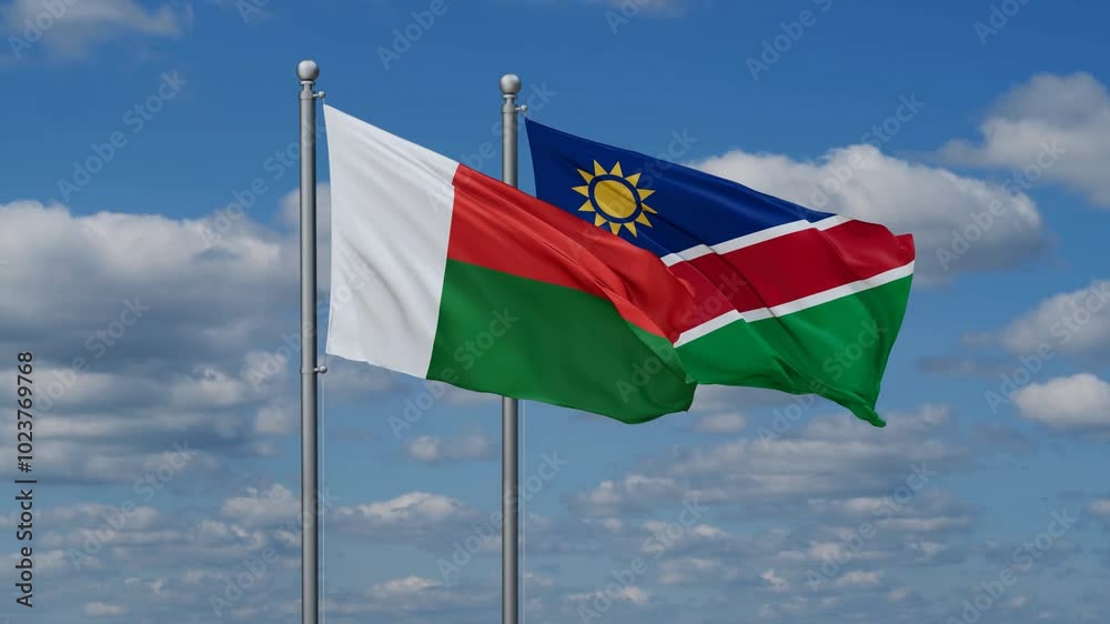 Madagascar and Namibia flags flying together, video concept of the relationship, two country relations concept Madagascar and Namibia flags flying together, video concept of the relationship, two country relations concept