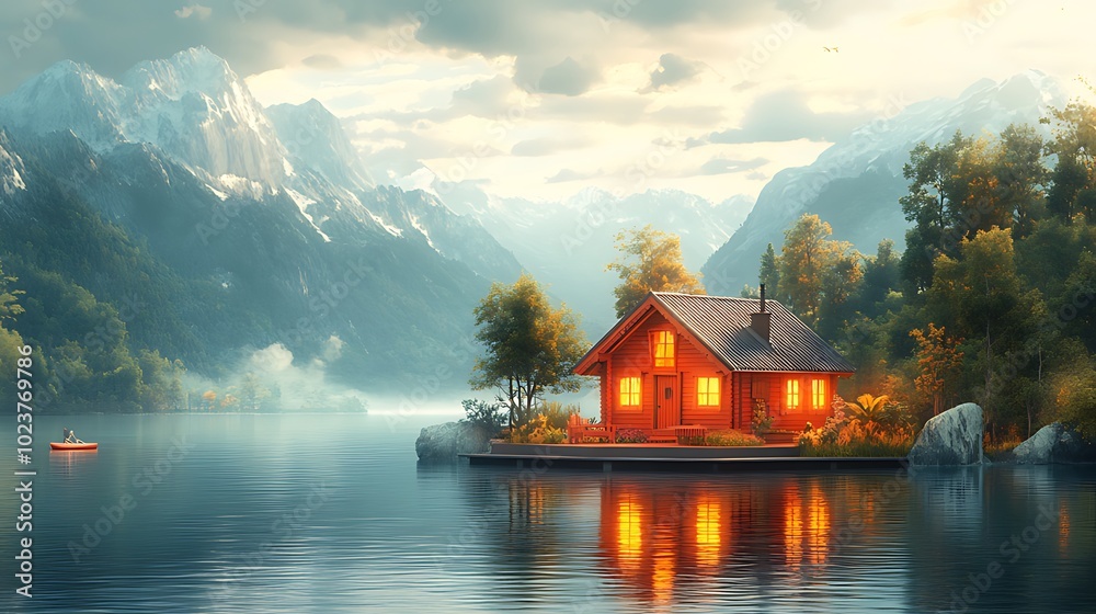 Fototapeta premium A small wooden cabin sits on an island in a tranquil lake, surrounded by majestic mountains and lush trees. The setting sun casts a warm glow on the scene, creating a sense of peace and solitude.