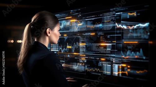 A woman stands before an interactive screen filled with colorful graphs and data, exploring AI's role in financial decision-making amid a backdrop of glowing effects