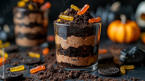 Graveyard pudding cups, layered with chocolate pudding, crushed Oreo "dirt," and gummy worms for a creepy, delicious snack, 