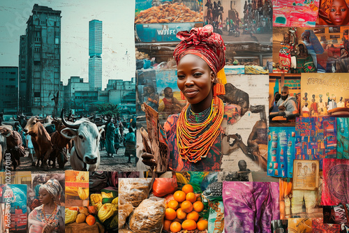 
collage of Nigeria, a blend of tradition and modernity, Lagos skyline, Nollywood film posters, traditional Yoruba masks, a Fulani herder with cattle, and colorful market scenes filled with fabrics