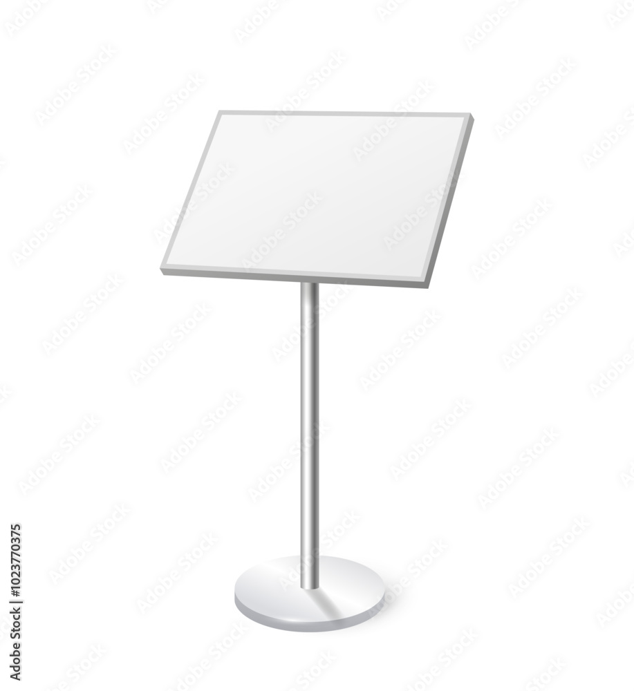 Empty information board. Blank mockup of advertising stand for project presentation. Info booth. Promo banner with copy space for design. Realistic 3D vector illustration isolated on white background Empty information board. Blank mockup of advertising stand for project presentation. Info booth. Promo banner with copy space for design. Realistic 3D vector illustration isolated on white background
