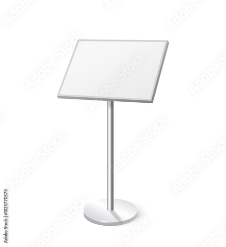 Empty information board. Blank mockup of advertising stand for project presentation. Info booth. Promo banner with copy space for design. Realistic 3D vector illustration isolated on white background