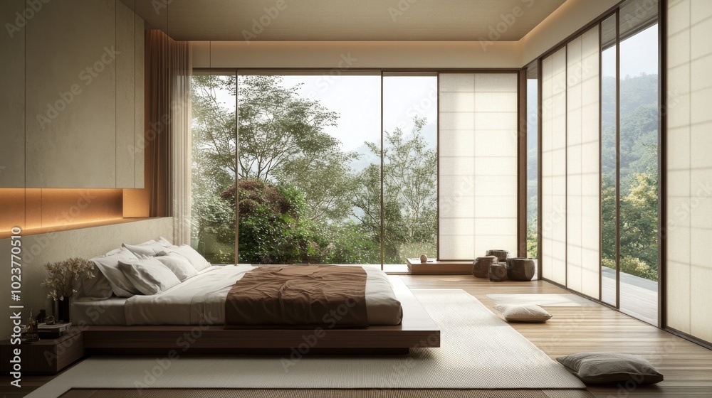Fototapeta premium Modern Serene Bedroom with Natural Light and Greenery