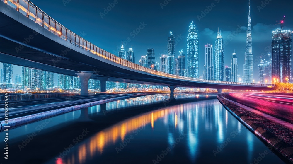A long exposure shot of a highway overpass with a reflective water canal, showing the Dubai skyline in the background. A long exposure shot of a highway overpass with a reflective water canal, showing the Dubai skyline in the background.