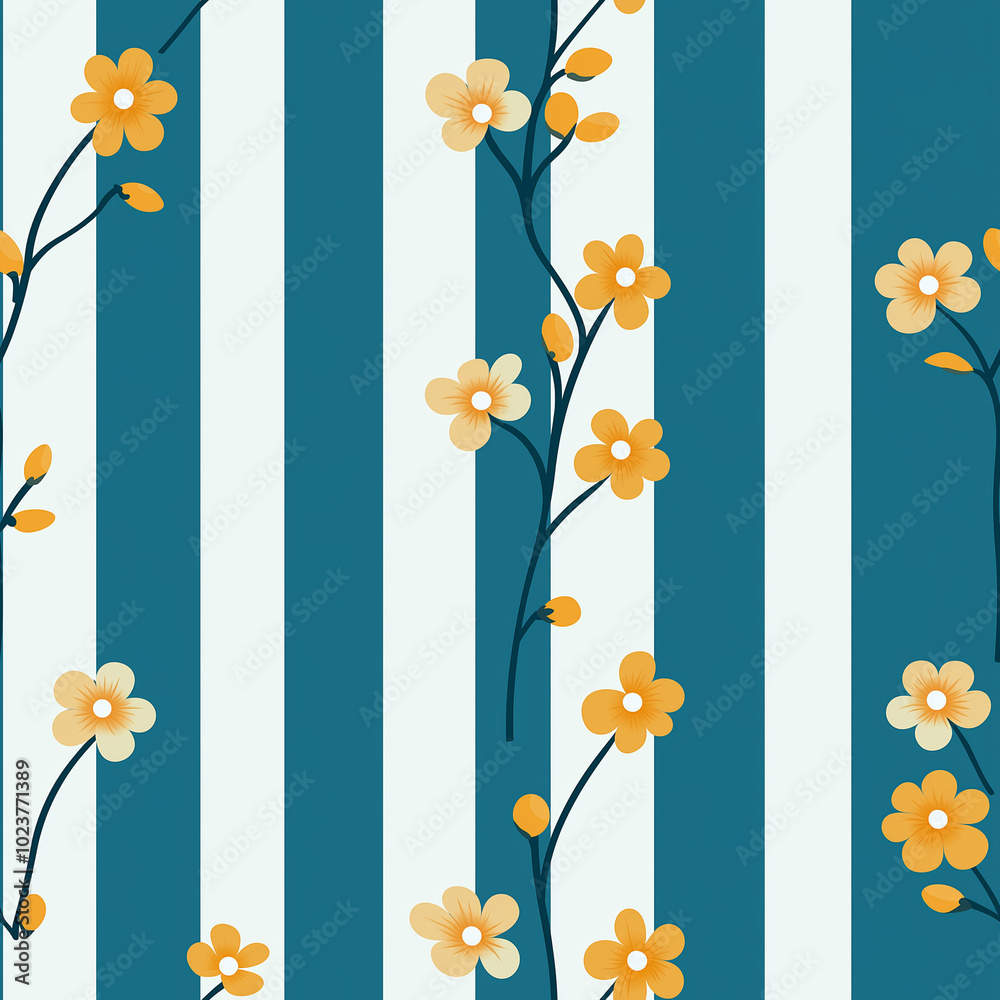 Obraz premium Tiny autumn flowers over a blue striped background - seamless pattern
