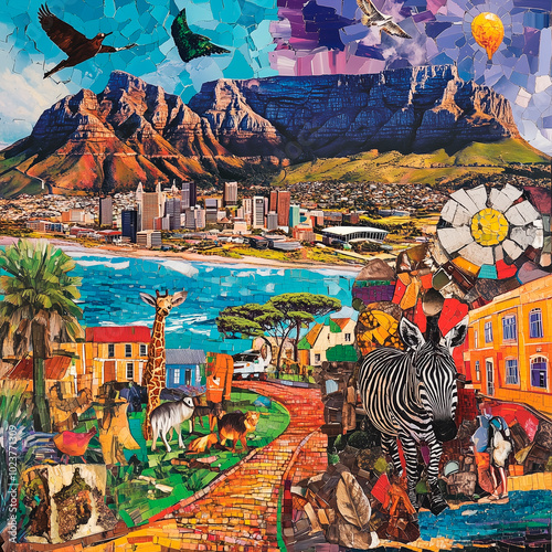 
collage of South Africa’s diversity, Table Mountain, Nelson Mandela, safari wildlife, Zulu beadwork, and colorful Cape Town architecture