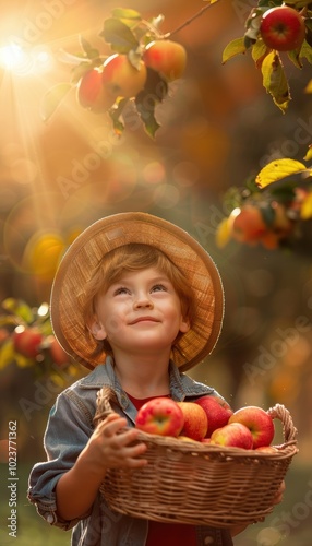 Young Boy in Pilgrim Hat with Apples in Fall Orchard - Thanksgiving Warmth and Harvest Vibes