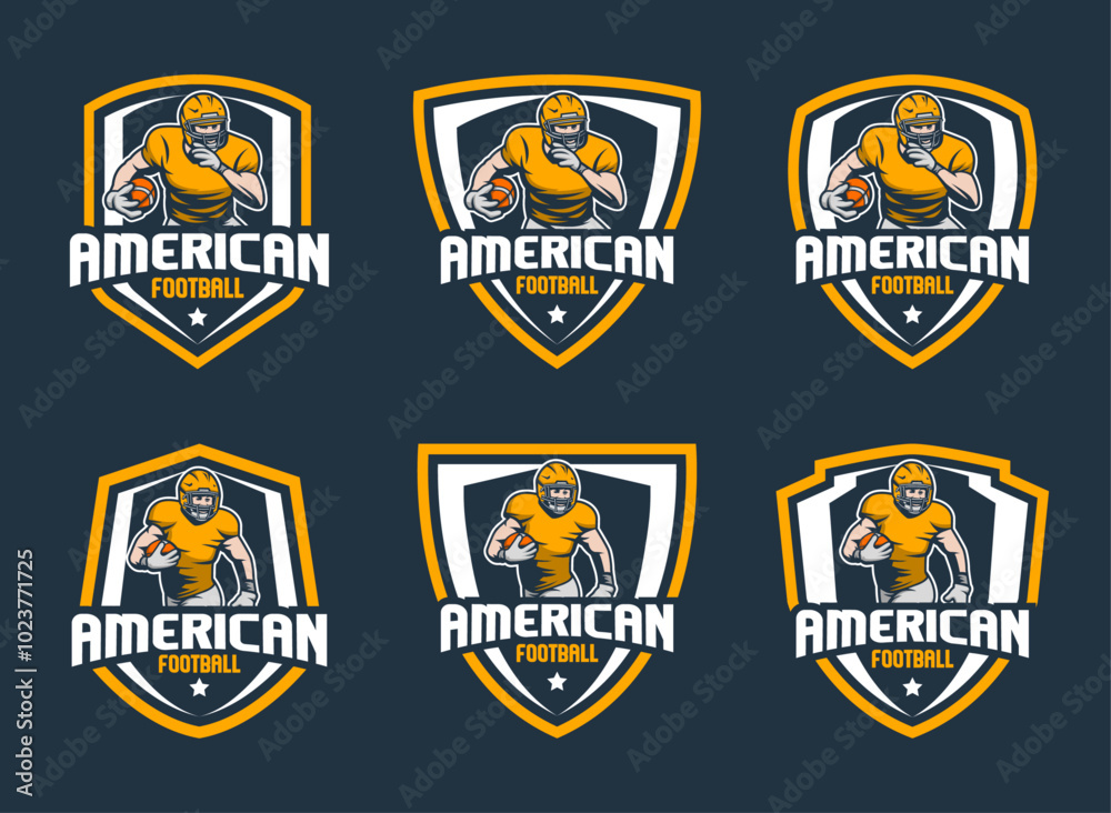 Set of sports logos, games in American football. Football logos collection. American football league labels, emblems and design elements Set of sports logos, games in American football. Football logos collection. American football league labels, emblems and design elements