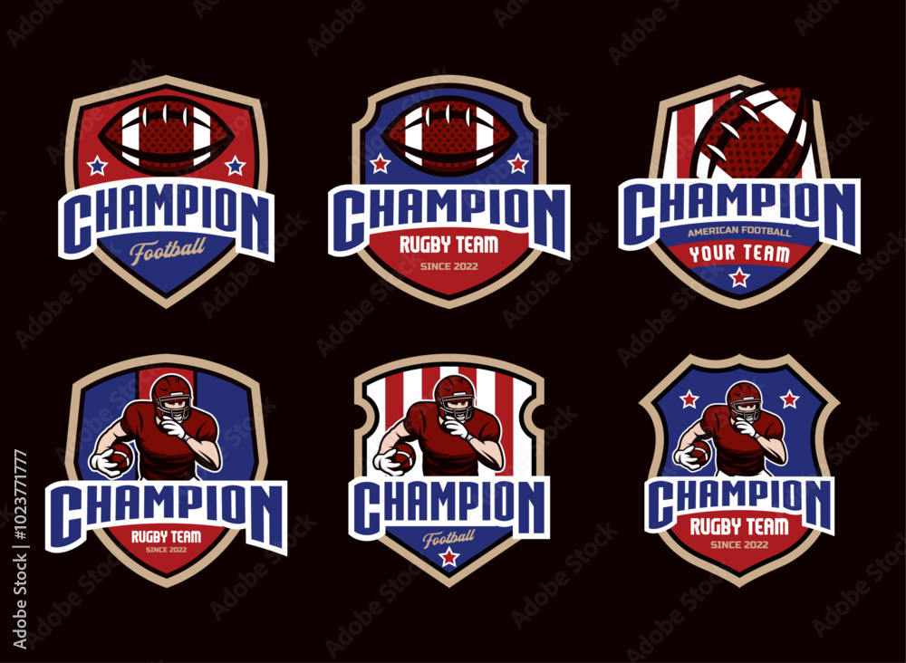 Naklejka premium Set of sports logos, games in American football. Football logos collection. American football league labels, emblems and design elements