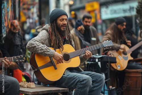 Musicians performing lively acoustic melodies on a bustling city street