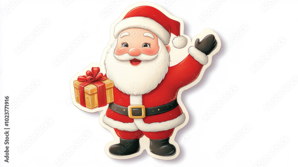 Illustration of Santa Claus holding a gift box and waving on a white background. Cute cartoon-style sticker with vibrant colors. Place for text. Illustration of Santa Claus holding a gift box and waving on a white background. Cute cartoon-style sticker with vibrant colors. Place for text.