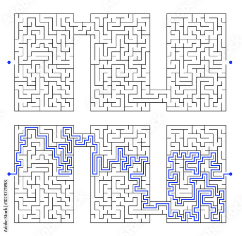 Vector labyrinth composed of 3 connected vertical rectangular mazes. Black and white riddle with entry and exit. Find the way through labyrinth puzzle. 