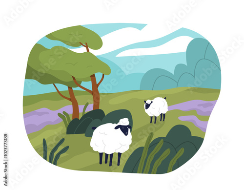 Summer Landscape. Beautiful natural panorama with forest trees, goats and sheep grazing on green village hills. Countryside or rural scenery. Flat vector illustration isolated on white background
