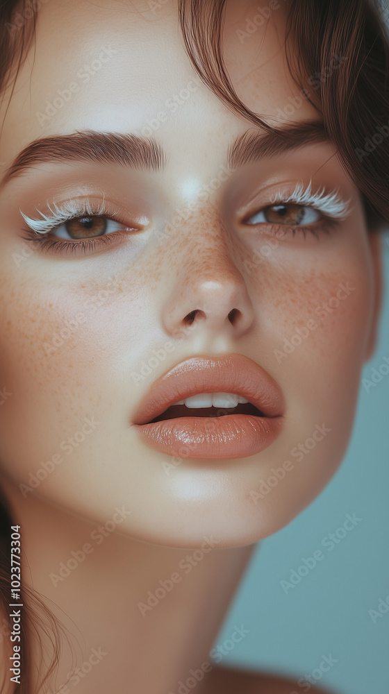 Editorial Beauty Portrait of a Woman with Bold Makeup and Glossy Lipstick Editorial Beauty Portrait of a Woman with Bold Makeup and Glossy Lipstick