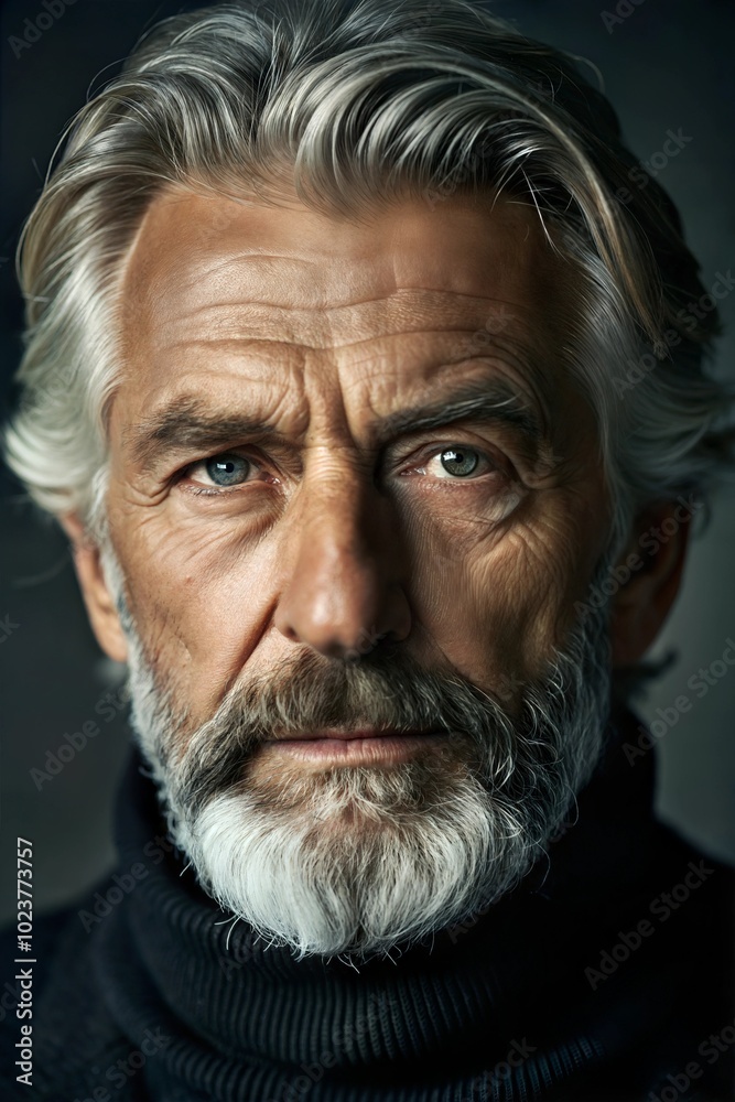 The man exudes confidence and depth, his striking blue eyes reflecting life experiences. His gray hair and beard add a sense of maturity and wisdom, perfect for a thoughtful portrait. Generative AI The man exudes confidence and depth, his striking blue eyes reflecting life experiences. His gray hair and beard add a sense of maturity and wisdom, perfect for a thoughtful portrait. Generative AI