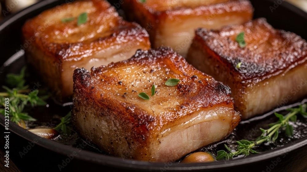 Crispy Pork Belly with Fresh Herbs on Dark Plate Crispy Pork Belly with Fresh Herbs on Dark Plate