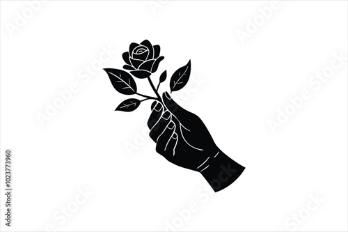  Hand hold the branch of rose silhouette black vector art illustration.  photo