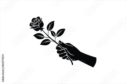  Hand hold the branch of rose silhouette black vector art illustration.  photo