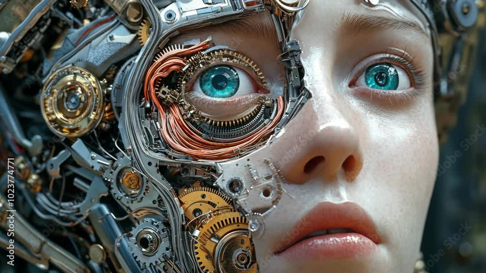 A close-up image of a woman's face with intricate mechanical gears and wiring visible under her skin A close-up image of a woman's face with intricate mechanical gears and wiring visible under her skin
