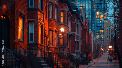 A serene street scene in downtown Toronto with classic architecture and calm evening light, with no people in sight.