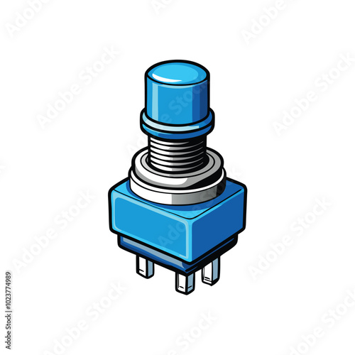 Vector design of a blue push button tactile switch with a round button and three pins.