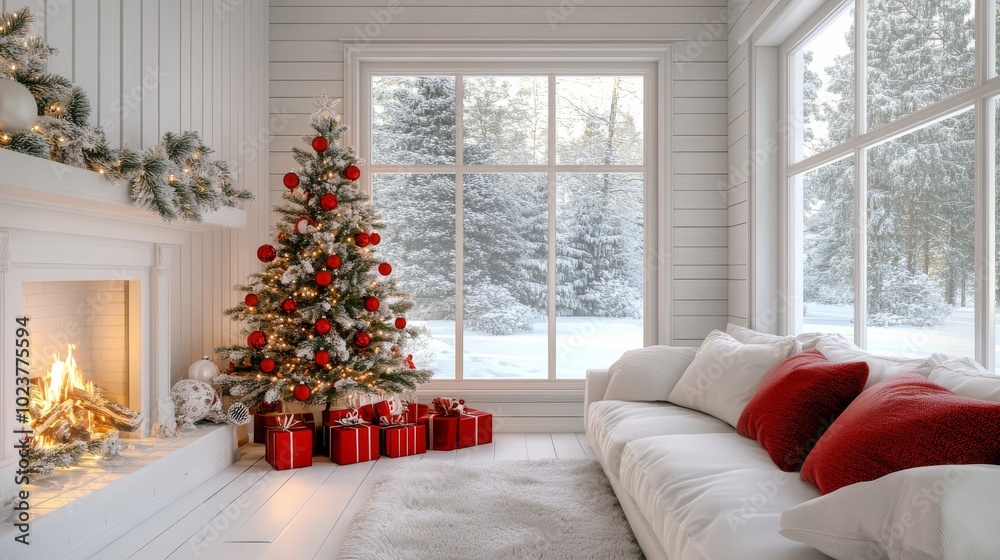 A cozy white Christmas room with a fireplace and a tree decorated in red. A cozy white Christmas room with a fireplace and a tree decorated in red.