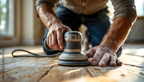 Craftsman sanding wooden floor with electric orbital sander. Close-up of skilled hands operating power tool, creating fine dust. Home renovation and DIY project in sunlit room with window visible.