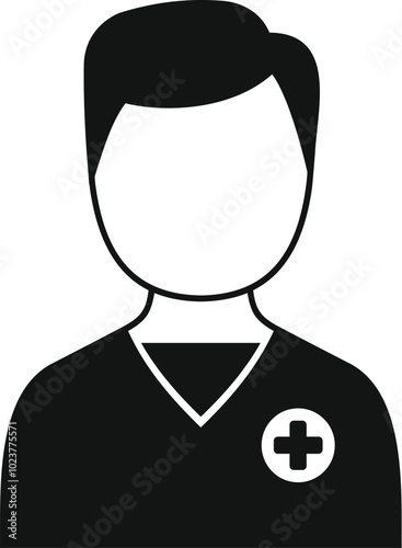 Simple black and white icon of a male healthcare professional wearing scrubs