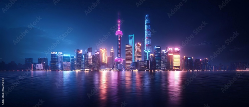 Fototapeta premium Futuristic 3D Skyline at Night with Tall Skyscrapers and Glowing Neon Signs
