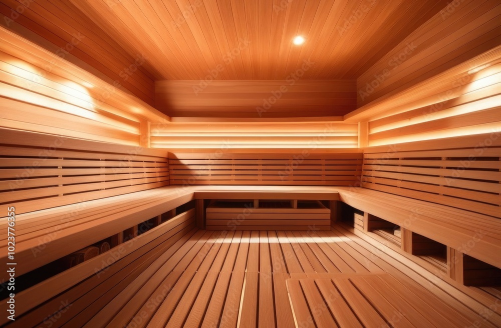Obraz premium General plan. Empty sauna with wooden trim and warm lighting. Relaxation and spa concept.