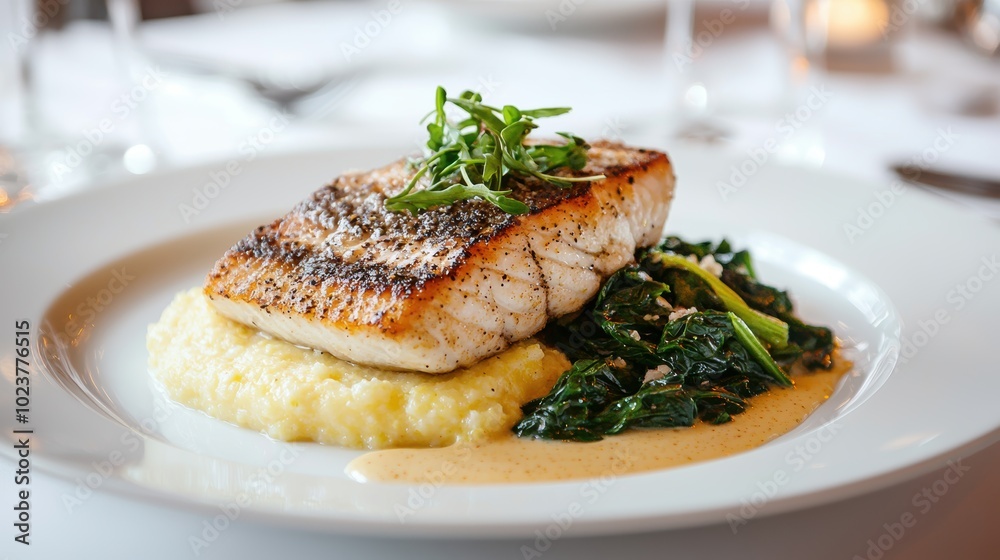 Gourmet Pan-Seared Fish with Creamy Polenta and Sautéed Spinach in Beurre Blanc Sauce Gourmet Pan-Seared Fish with Creamy Polenta and Sautéed Spinach in Beurre Blanc Sauce