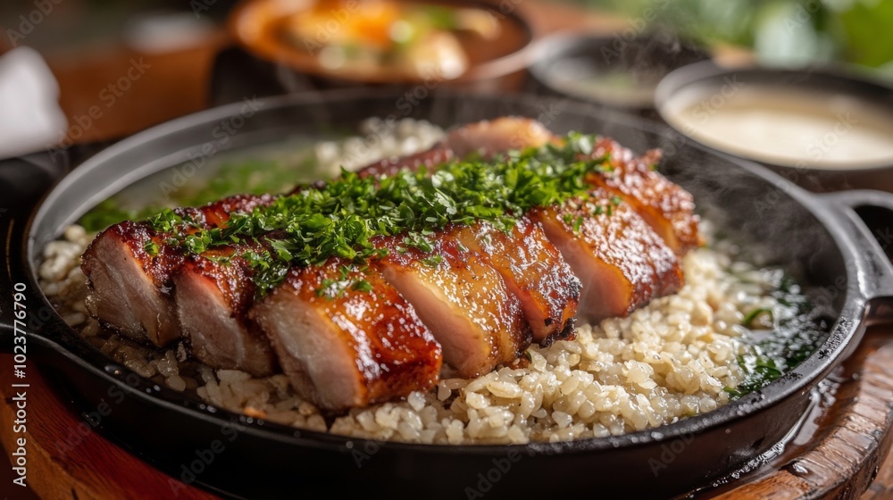 Sizzling Grilled Meat on Rice with Fresh Herbs Sizzling Grilled Meat on Rice with Fresh Herbs