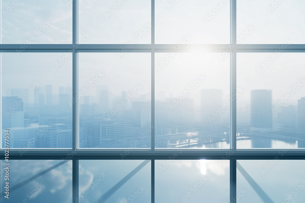 Fototapeta premium A stunning modern cityscape seen through a large glass window, illuminated by gentle sunlight. Generative AI