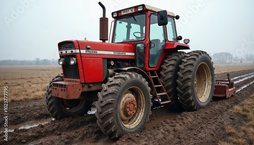 Red Tractor with Large Tires Working in a Muddy Field: A Symbol of Agriculture and Hard Work