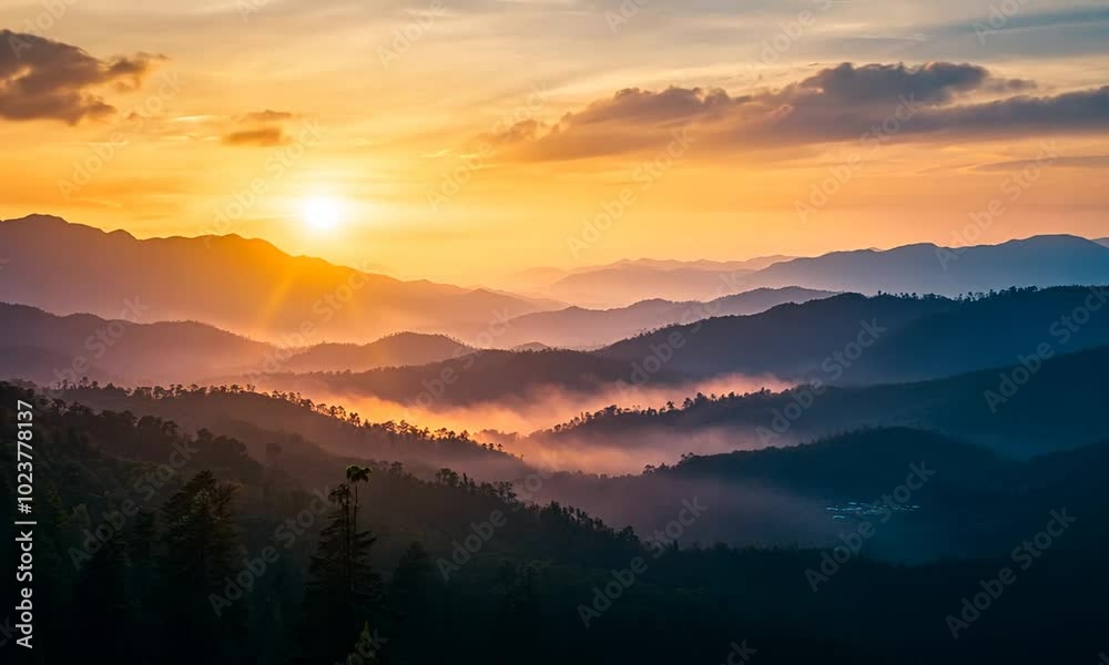 Sunrise in the mountains. Breathtaking sunrise over rolling hills in the mountains