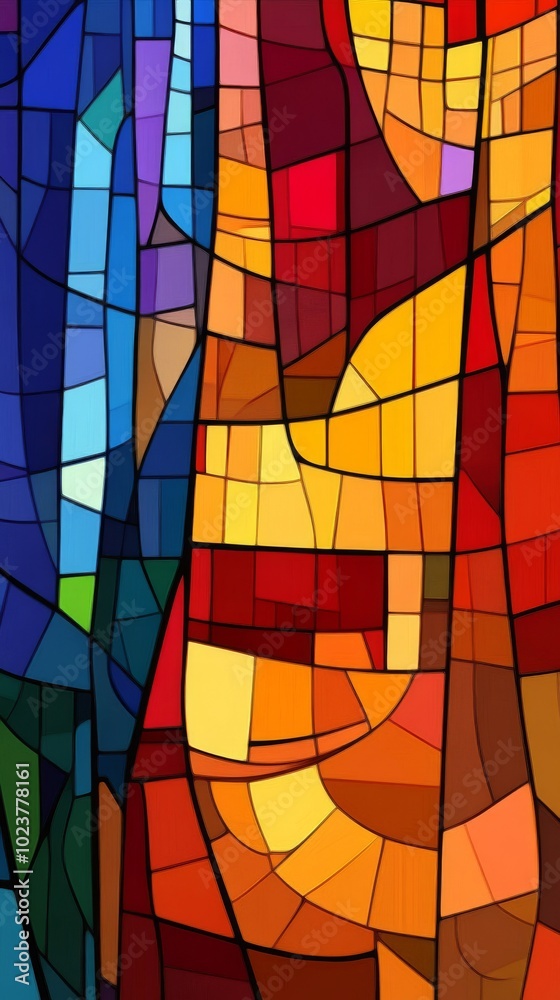 Fototapeta premium A colorful stained glass window with a tree in the center. The tree is surrounded by a blue background and a red background. The window is made up of many small pieces of glass