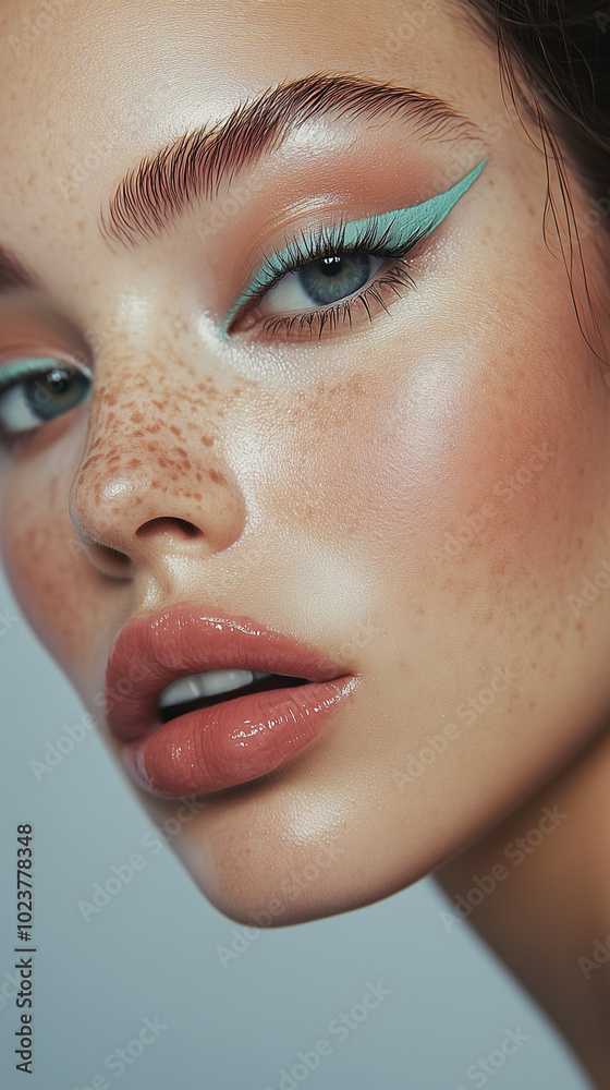 Editorial Beauty Portrait of a Woman with Bold Makeup and Glossy Lipstick
