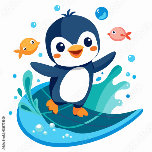 A cute baby penguin riding a surfboard in the ocean, with splashing water and fish, bubbles around it on white background 