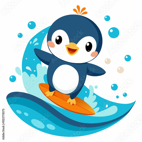 A cute baby penguin riding a surfboard in the ocean, with splashing water and fish, bubbles around it on white background 