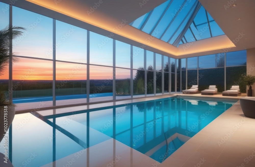 Fototapeta premium Indoor empty pool with panoramic windows and beautiful views.