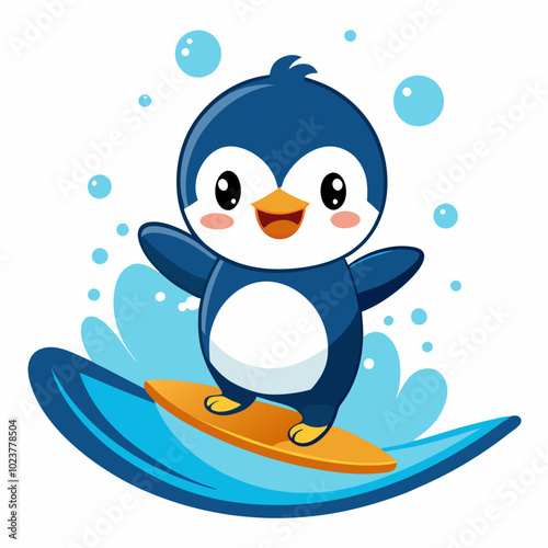 A cute baby penguin riding a surfboard in the ocean, with splashing water and fish, bubbles around it on white background 