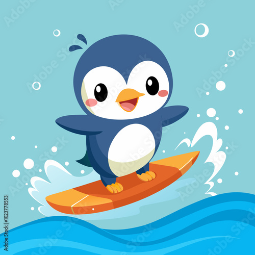 A cute baby penguin riding a surfboard in the ocean, with splashing water and fish, bubbles around it on white background 