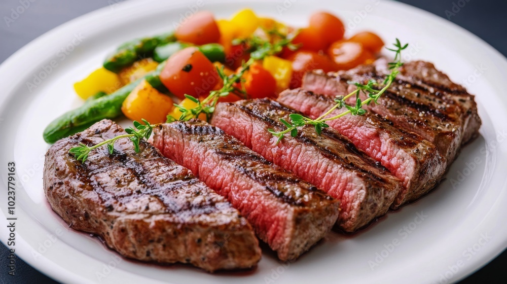 Grilled Steak with Fresh Vegetables on Plate Grilled Steak with Fresh Vegetables on Plate