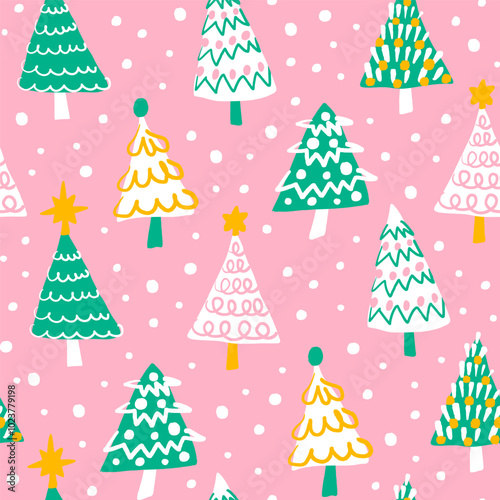 Cute green and white Christmas trees seamless pattern on pink background. Holiday season winter forest fun repeat pattern. Hand drawn illustration.