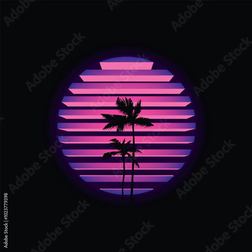 Neon sunset in 80's style. Original vector illustration in retro style. T-shirt design.