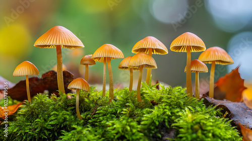 Close-up of a small mushroom growing on the forest floor in damp conditions 